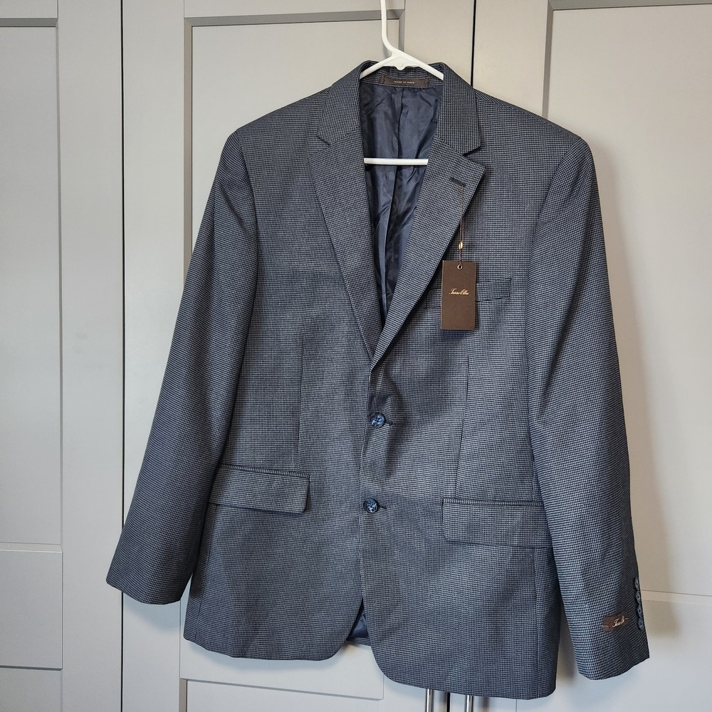 New Tasso Elba Navy Micro Check Blazer 40R Traditional Fit Sport Coat Macys $250